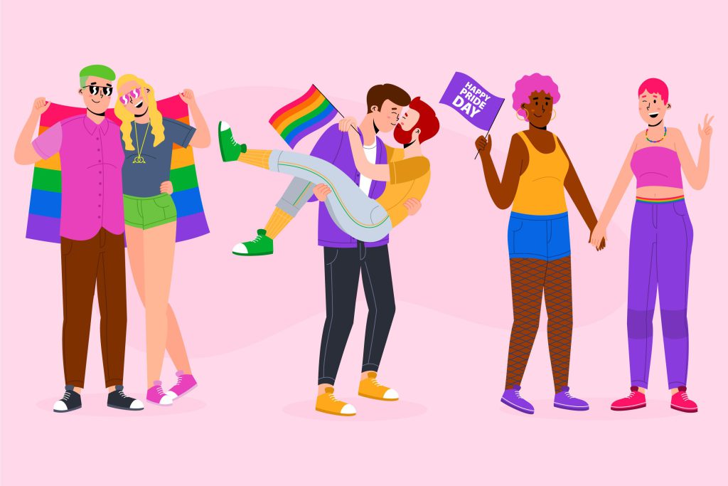 Cartoon image of LGBTQIA+ couples holding hands